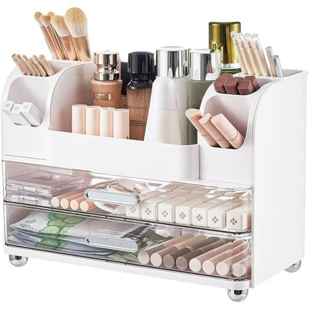 Makeup organizer with drawers vanity cosmetic storage case bathroom countertop